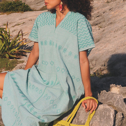 Kaftan Azurita - Aqua Con Toques De Bordado